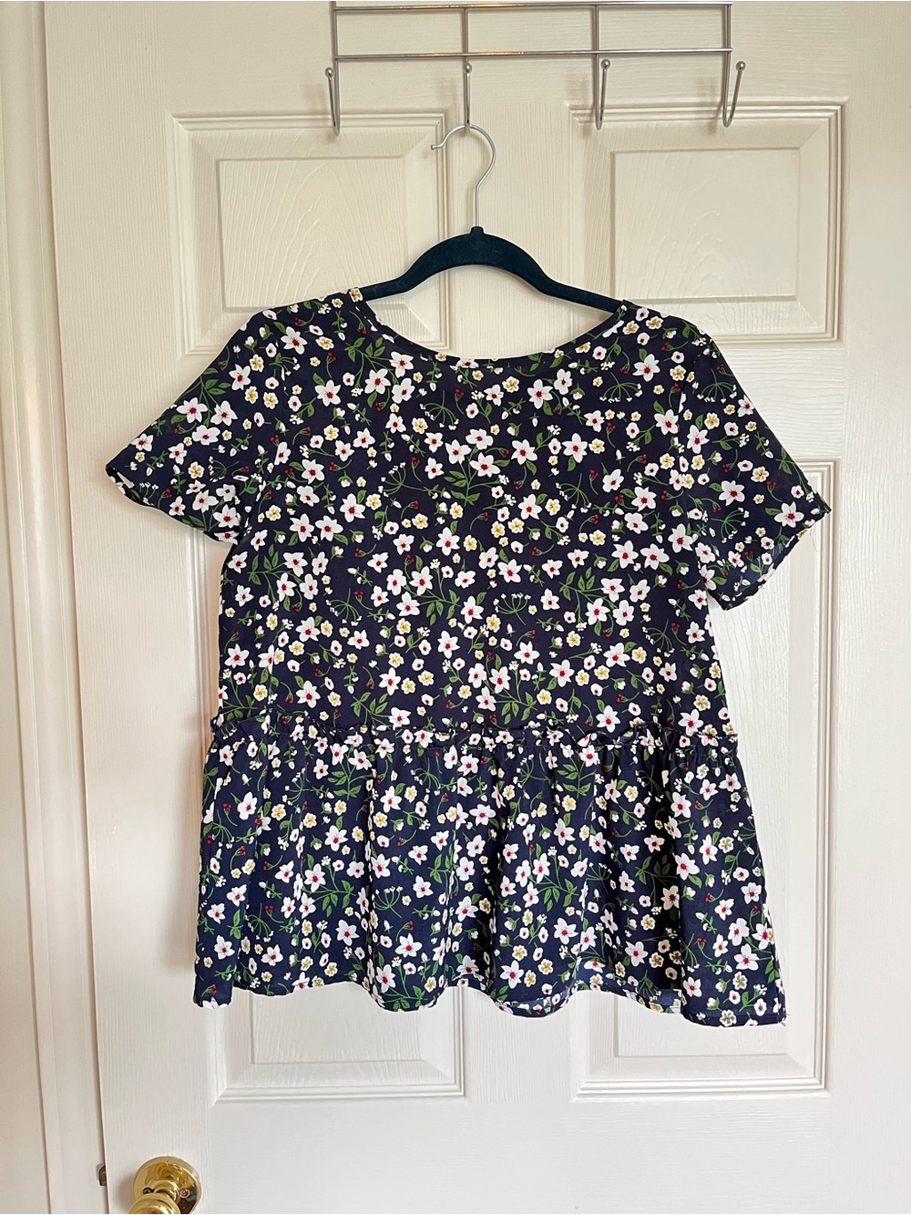 SHEIN Navy Floral Print Top with White & Green Accents